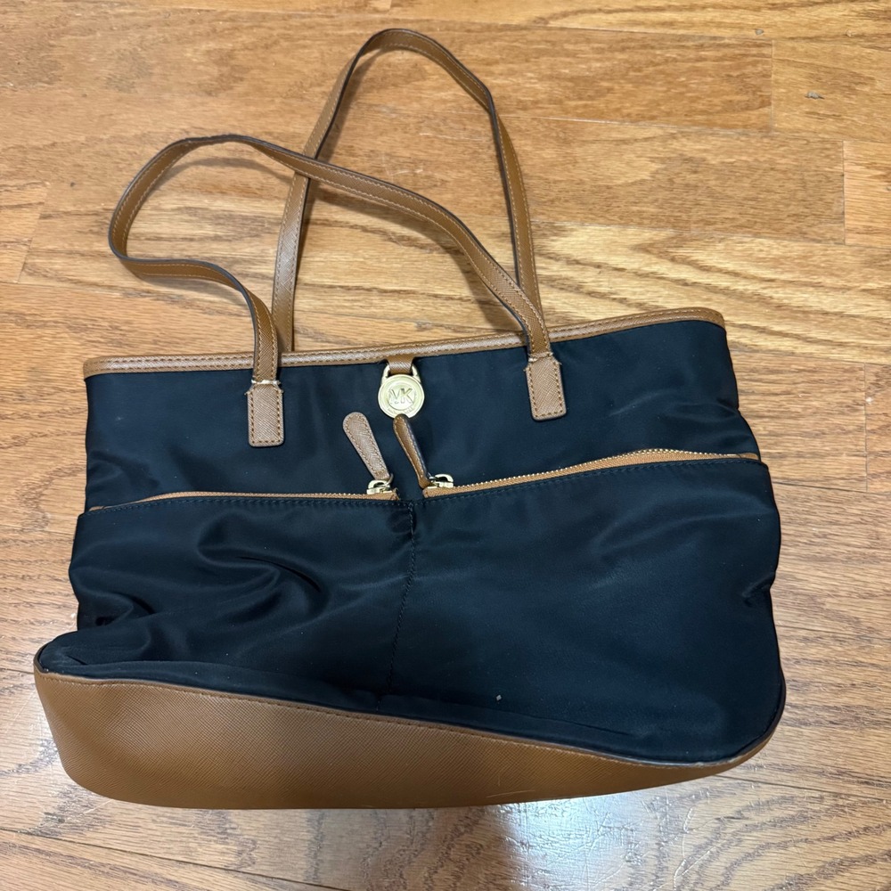 Michael Kors Black Nylon Kempton Tote Bag Tan Leather Trim MK Logo